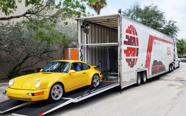 enclosed car hauler which is used to ship vehicles across country
